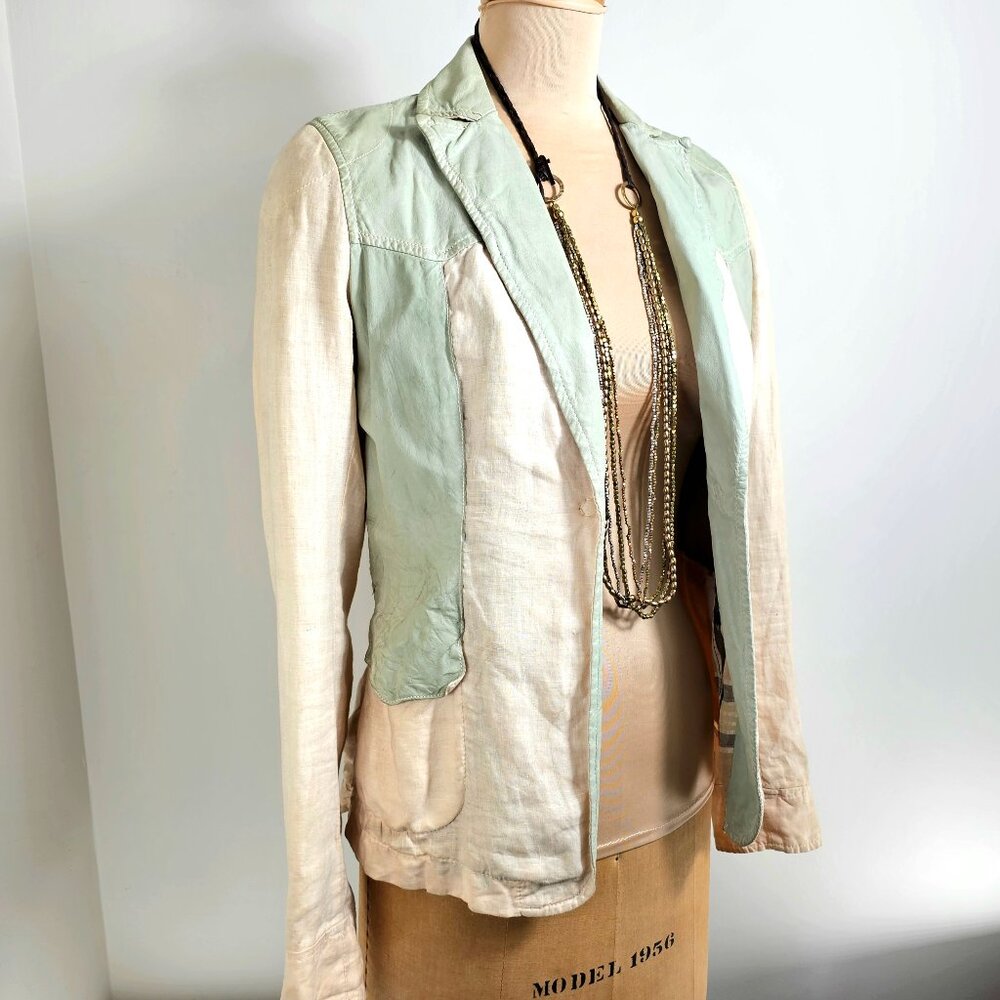 Vintage Hettabretz Linen Goatskin Leather Blazer Italy Size 4 Sage Archival